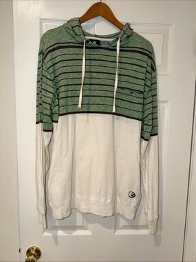 Billabong Green and White Striped Hooded Pullover w kangaroo pockets